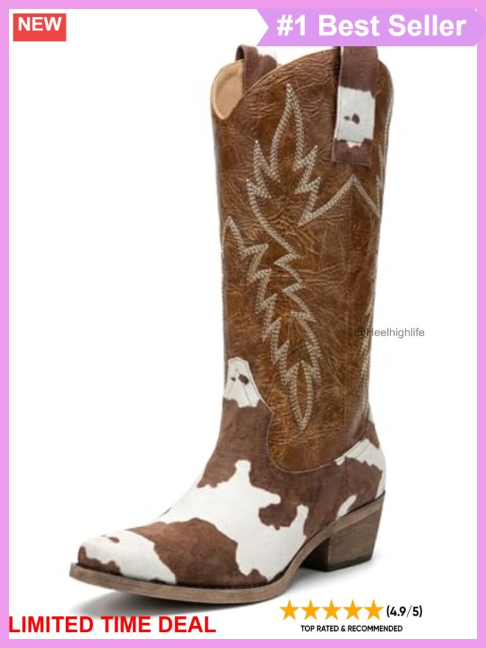 Faux Leather Cow Print Cowboy Knee High Boots Pointed Toe Low Heel